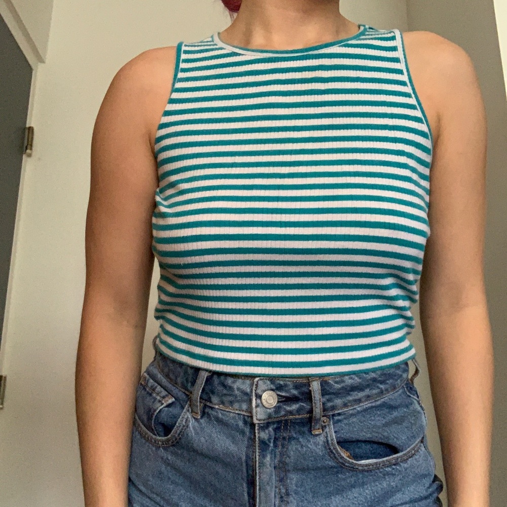 White and teal striped top
